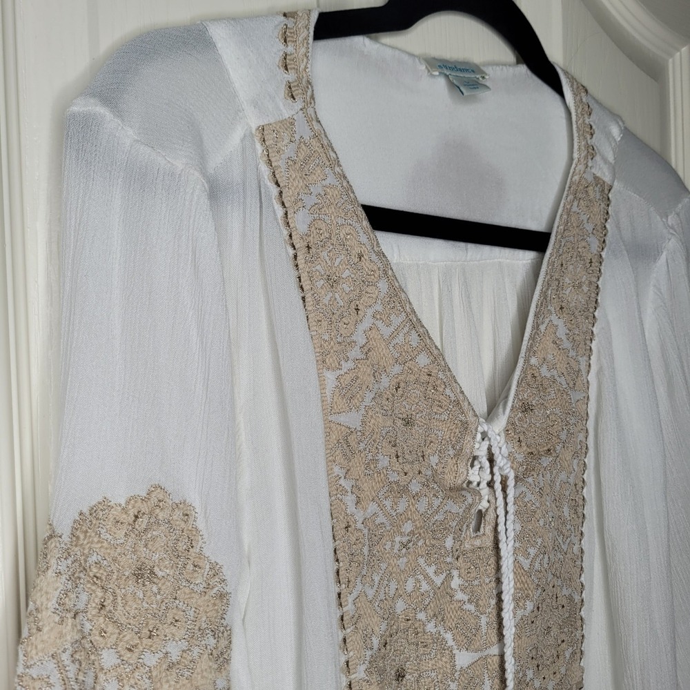 Sundance Palace Pathway Tunic Sz L White Gold Embroidered Lace-up Tasseled Boho - Picture 6 of 10